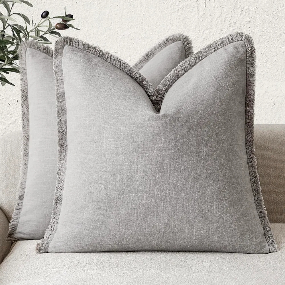 2 Elegant Natural Linen Gray Fringe Border Throw Pillowcase Covers
